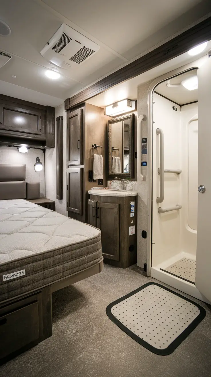 An accessible RV bedroom featuring a comfortable bed, storage space, and bright lighting.