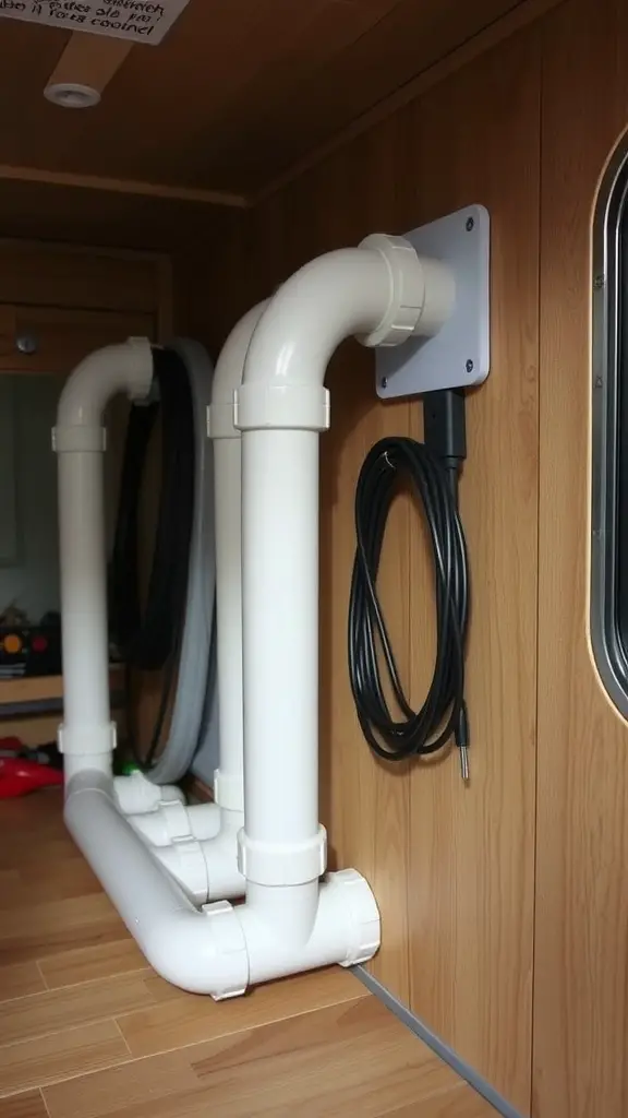 PVC pipe organizers installed in an RV for storage.