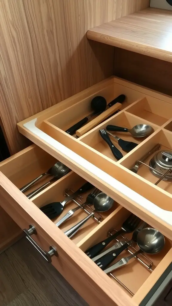 An organized drawer with dividers separating various kitchen utensils and tools.