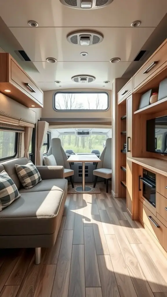 A cozy RV living room with a sofa, table, and cabinetry, showcasing efficient storage solutions.