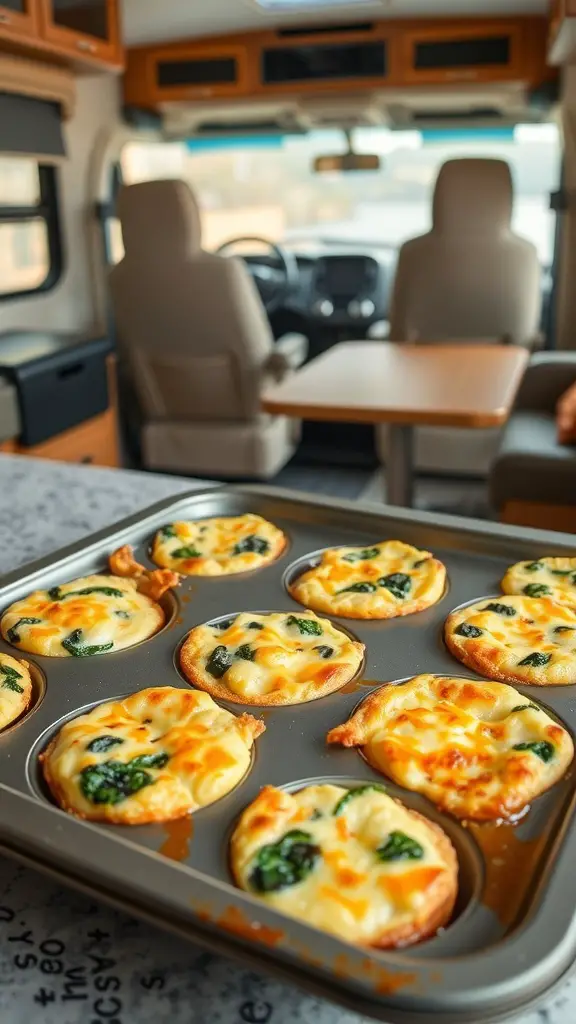 Delicious egg muffins with cheese and spinach in a muffin tin.