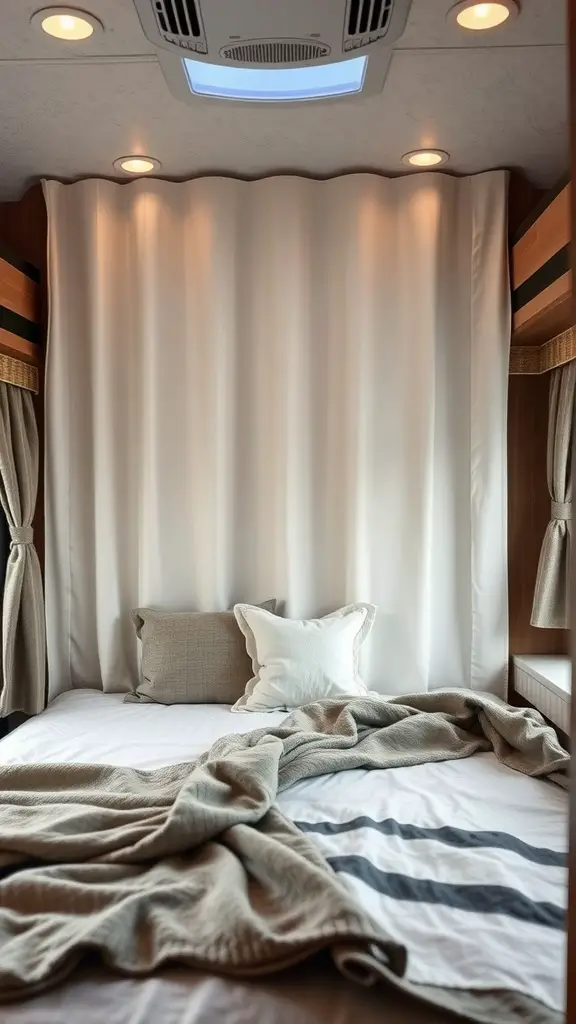 A cozy RV bedroom with a white curtain divider and soft bedding.