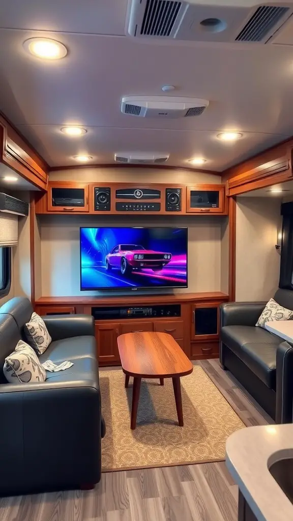 A cozy RV living room featuring a large TV, sound system, and comfortable seating