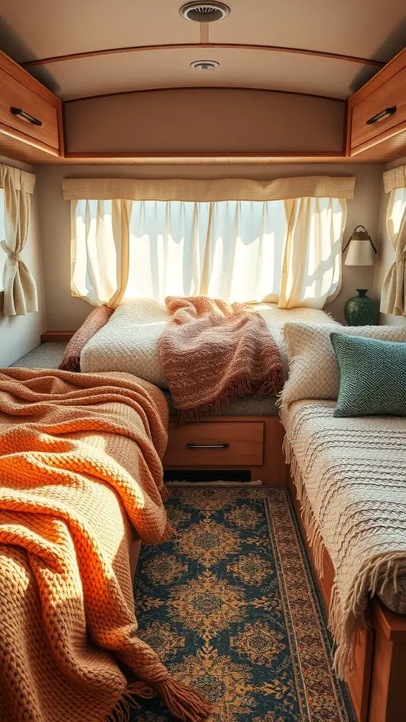 Cozy RV bedroom with soft blankets and warm textiles.