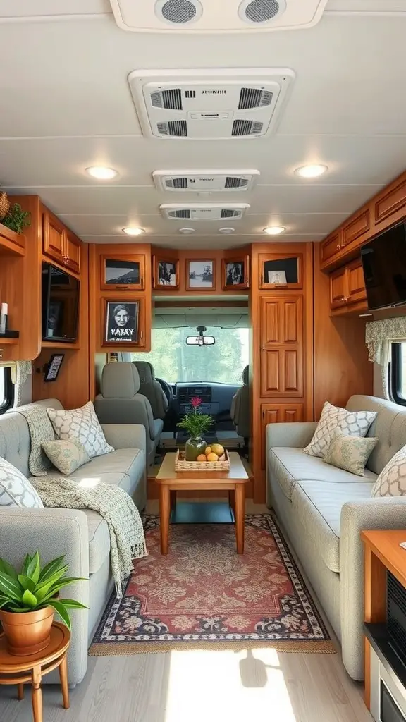 Cozy RV living room with comfortable seating and family-friendly decor