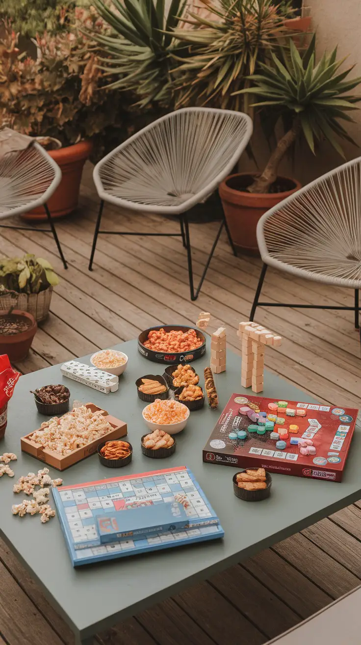 A family-friendly game night setup with snacks and a board game on a picnic blanket.