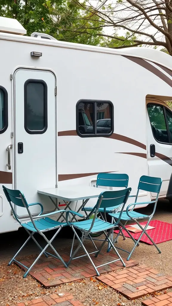 A set of foldable outdoor chairs and table next to an RV.