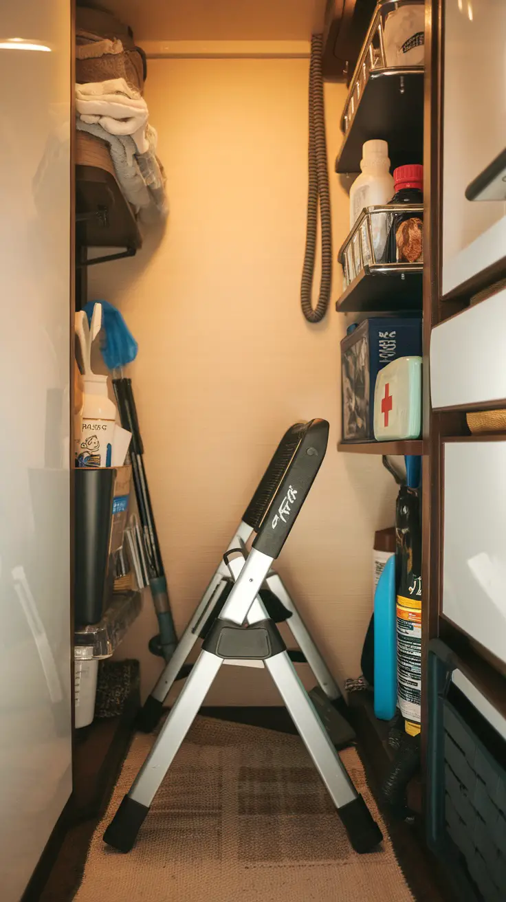 Foldable step stool in an RV storage space