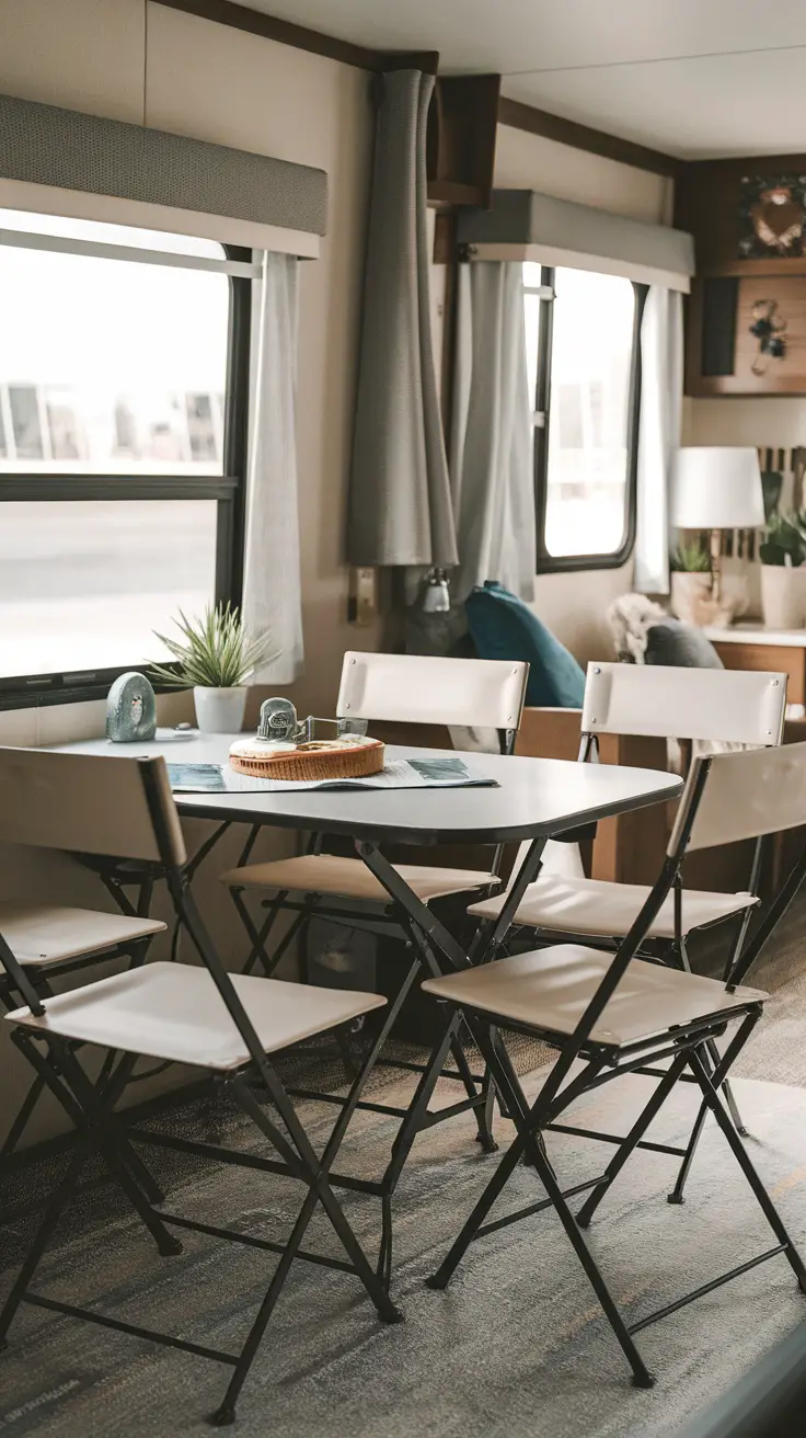 Interior of an RV featuring a folding dining table and chairs