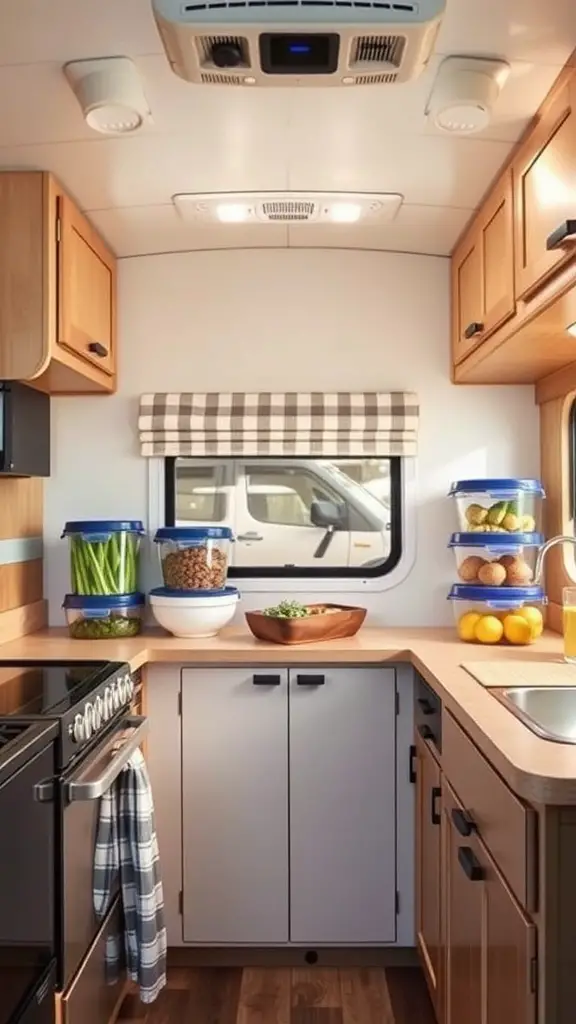 A well-organized RV kitchen featuring stackable storage containers with fruits, vegetables, and snacks.