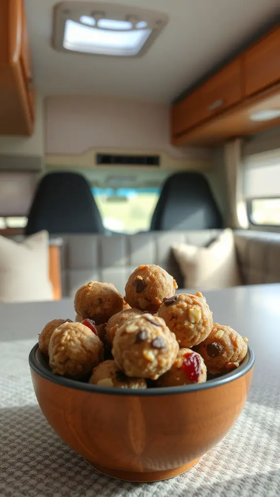 A bowl of fruit and nut energy bites on a table