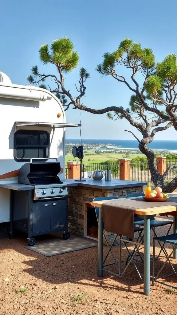 A functional outdoor kitchen setup beside an RV with a grill and table near a scenic view.