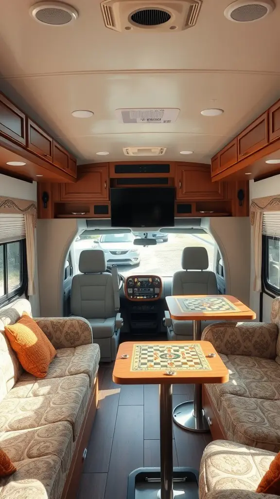 Cozy RV living room with comfortable seating and game tables.