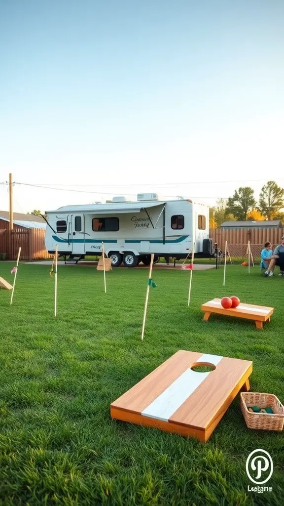 An outdoor game area with cornhole boards and balls near an RV.