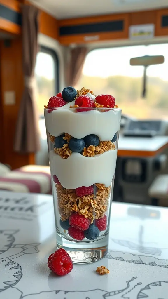 A glass of Greek yogurt parfait with granola and mixed berries.