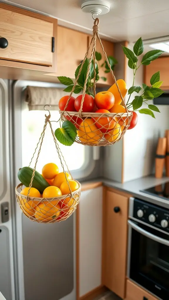 Stylish hanging baskets filled with colorful fruits and vegetables in an RV kitchen.