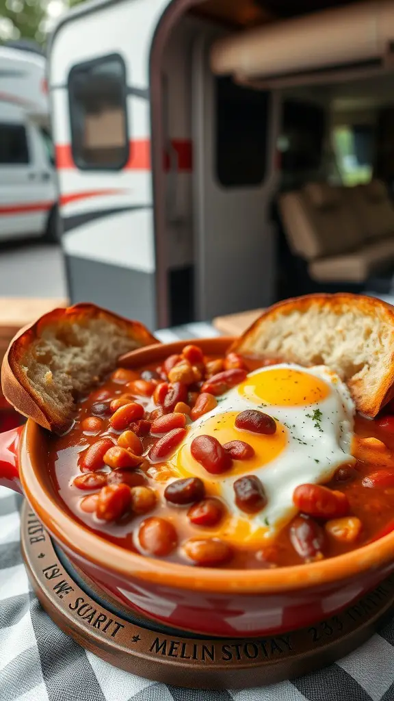 A bowl of hearty breakfast chili topped with an egg, served with slices of bread.