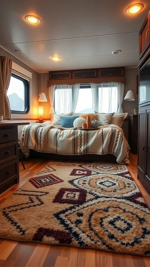 A cozy RV bedroom featuring a warm area rug, soft bedding, and ambient lighting.