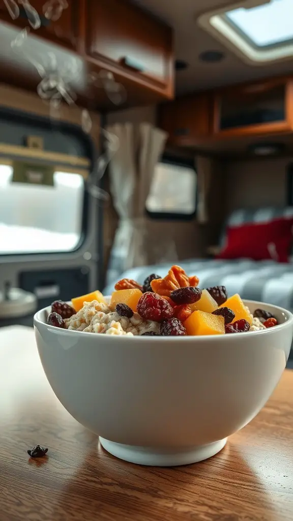 A bowl of instant oatmeal topped with dried fruits and nuts, sitting on a table in an RV.