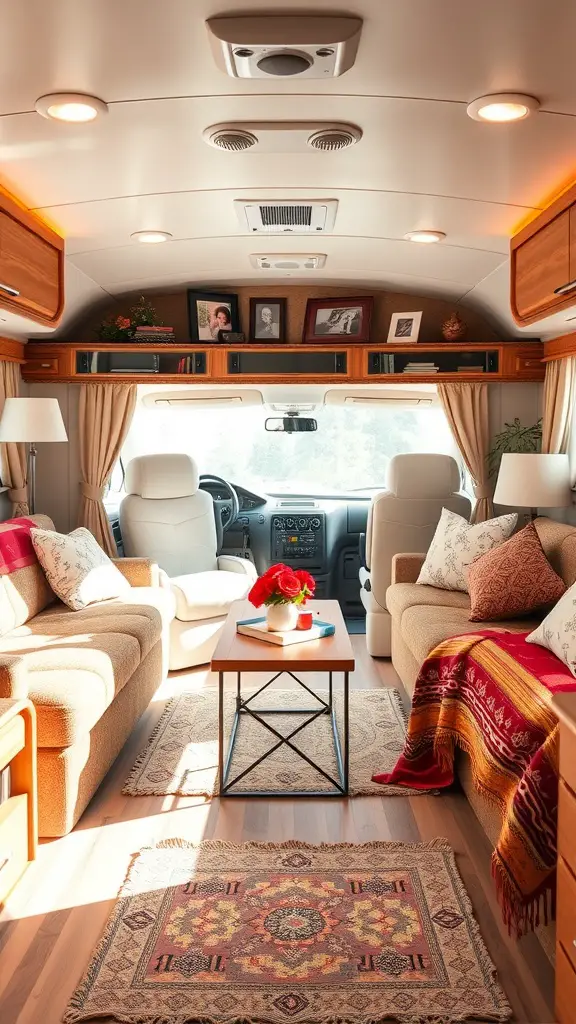 A cozy RV living room with comfortable seating, decorative pillows, a coffee table, and family photos on the walls