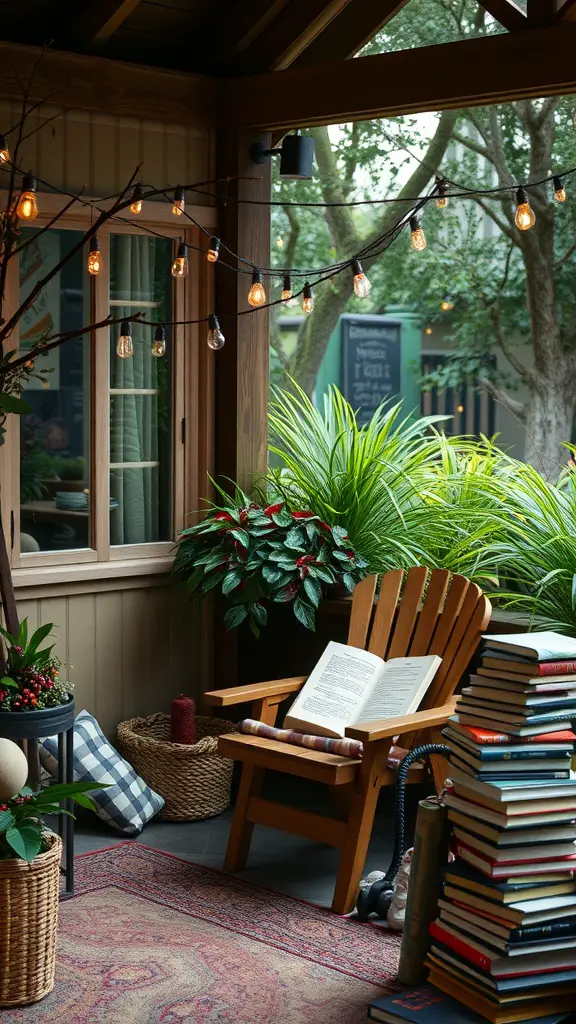 A cozy outdoor reading nook with a wooden chair, a stack of books, and decorative plants.