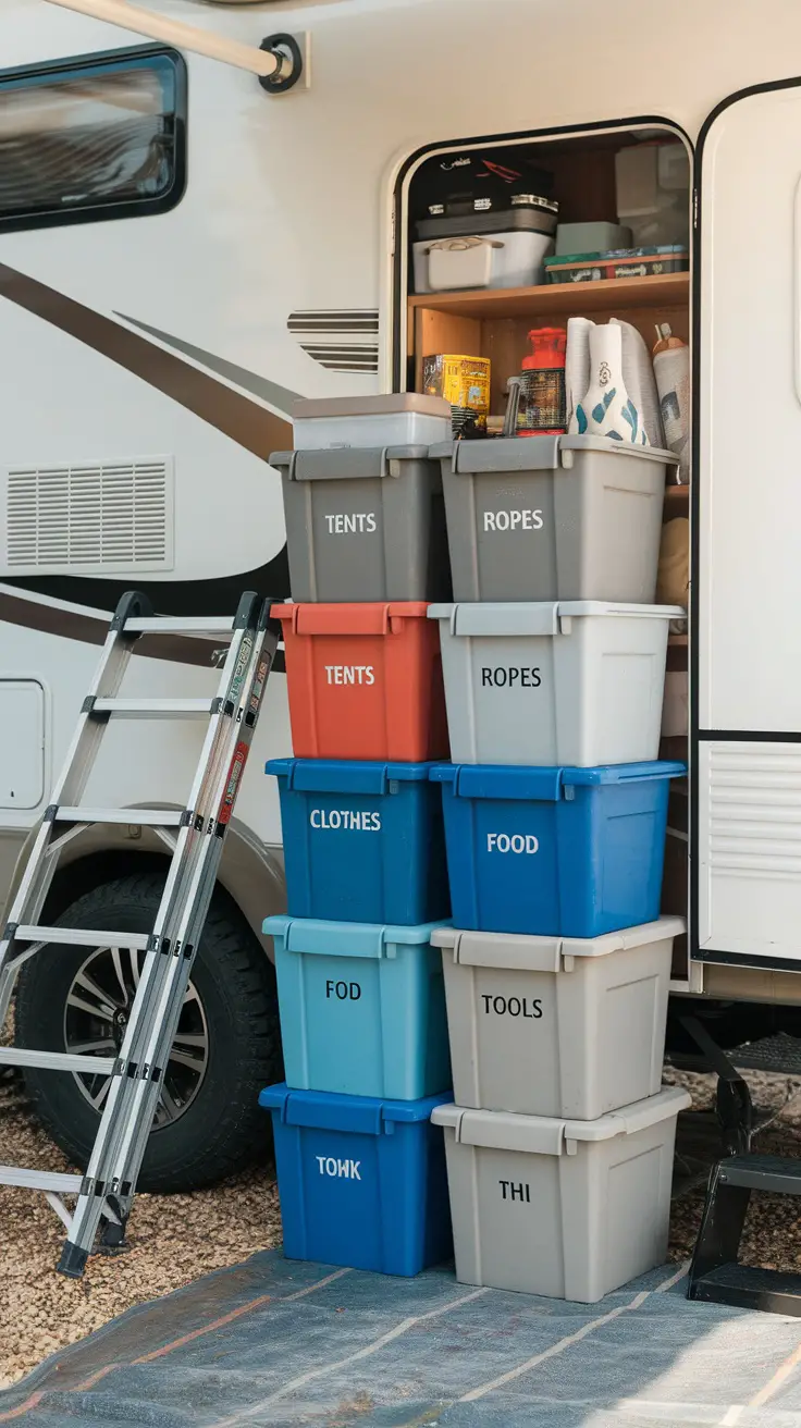 Labeled storage bins neatly organized in an RV.