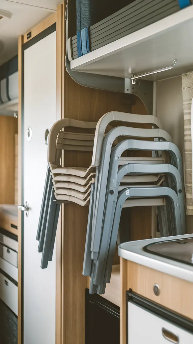 A stack of gray folding chairs stored in an RV.