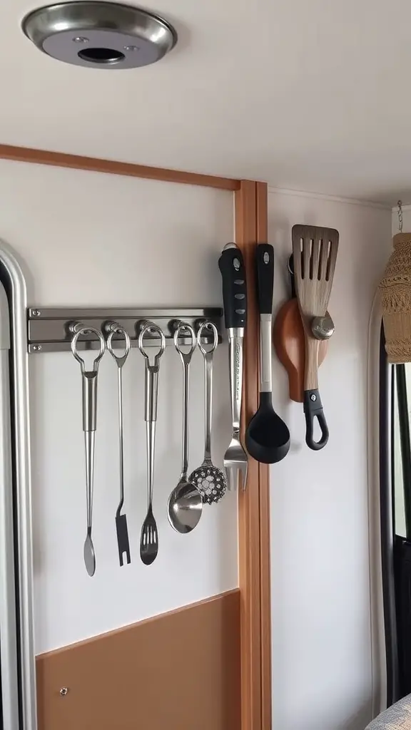 Magnetic strips holding various kitchen utensils on a wall in an RV.