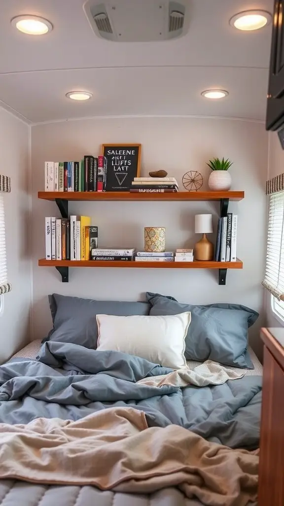 A cozy RV bedroom with gray bedding and shelves above the bed holding books and decorative items.