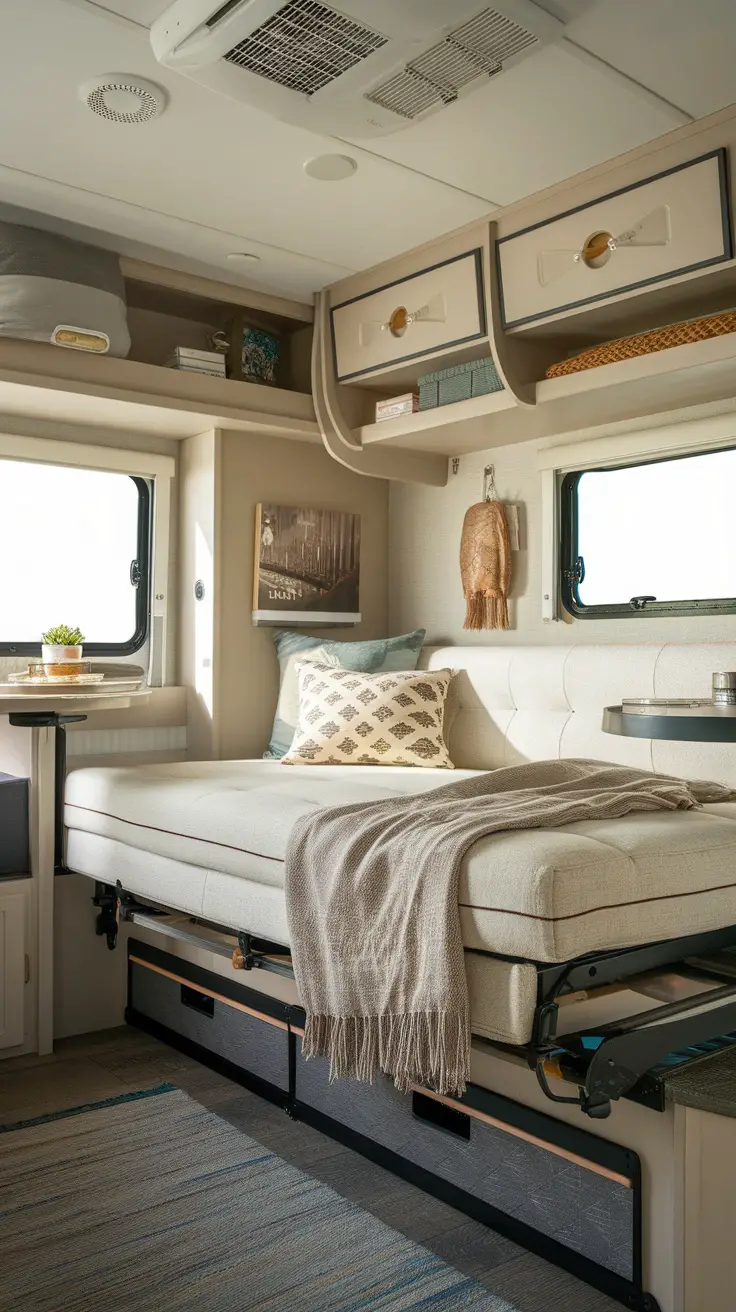 Cozy RV bedroom with multi-functional furniture, featuring a bed that can also serve as seating and storage.