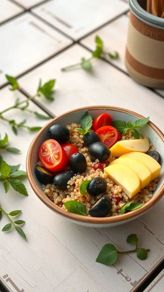 A Mediterranean breakfast bowl filled with couscous, cherry tomatoes, black olives, and fresh herbs.