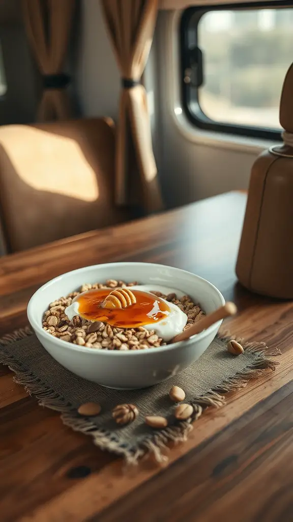 A bowl of muesli topped with yogurt and honey, garnished with nuts and fruits on a rustic table.