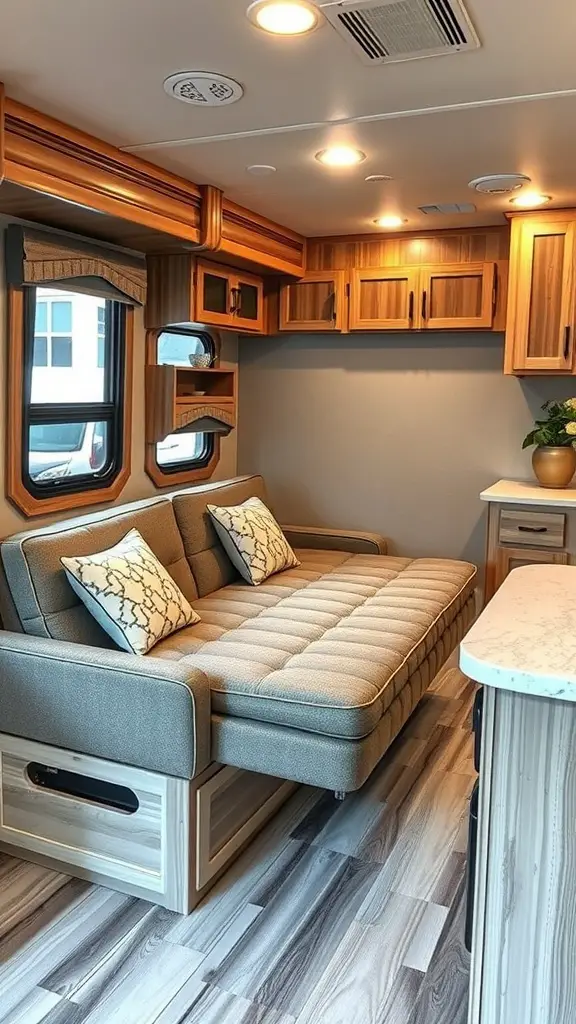 Cozy RV interior with multi-functional furniture including a sofa bed and storage drawers.