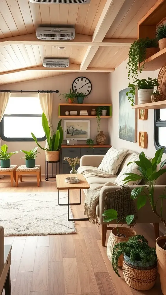 A cozy RV living room decorated with plants, soft textiles, and wooden elements.