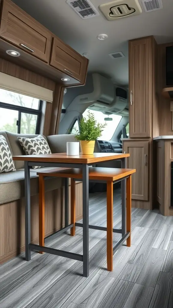 A cozy RV interior featuring nesting tables with a potted plant and coffee cup on top.