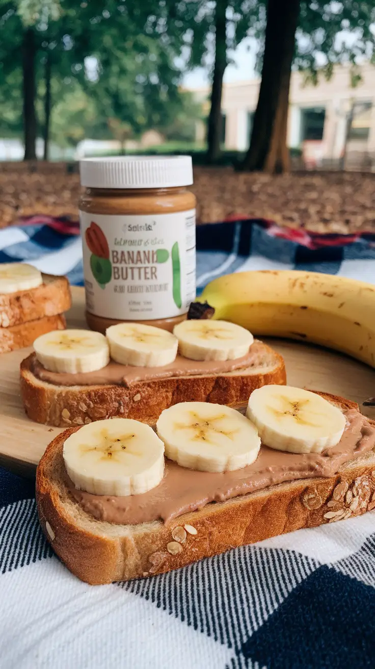 Nut butter and banana toast on a plate with a banana beside it.