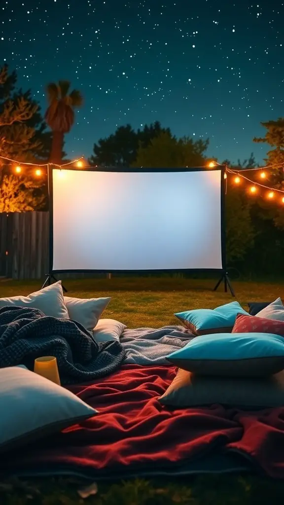 Cozy outdoor movie night setup with a screen, pillows, and string lights under a starry sky.