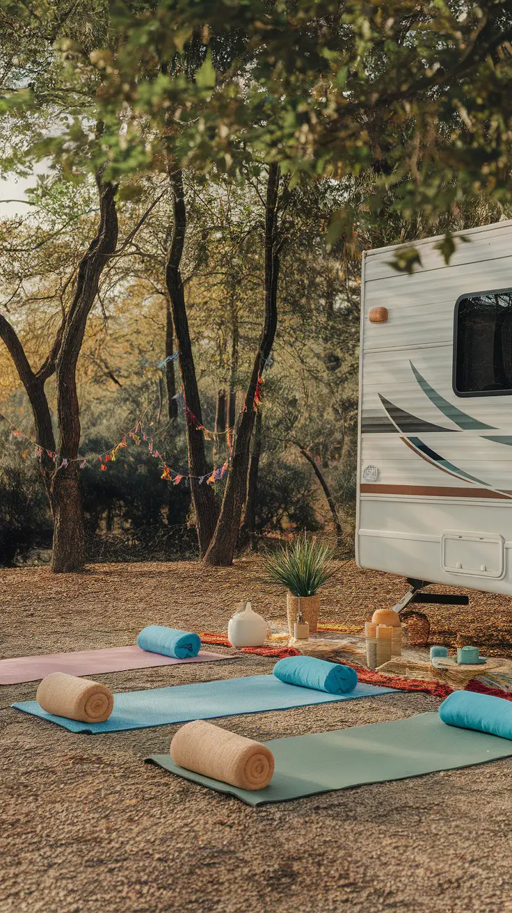 A serene outdoor yoga space set up in front of an RV, featuring yoga mats, a coffee cup, and nature around.