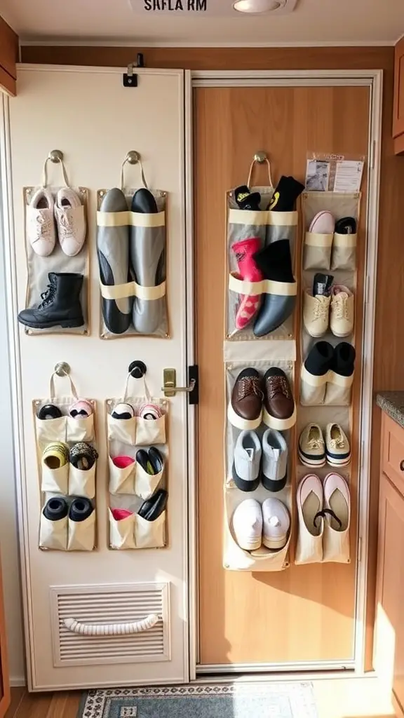 Organizers hanging over the door in an RV, displaying various shoes and accessories.