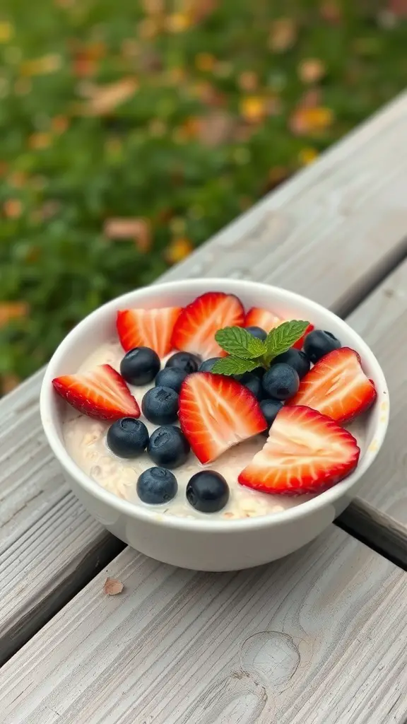 A bowl of overnight oats topped with fresh strawberries and blueberries.