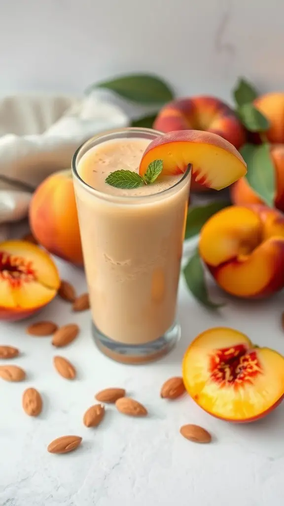 Peach smoothie in a glass with fresh peaches and almonds