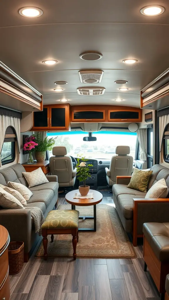 Stylish RV living room with comfortable seating and a warm inviting vibe.