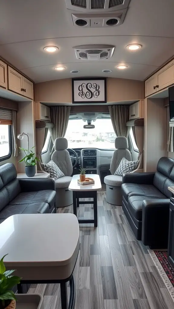 A cozy RV living room with comfortable seating, light wooden accents, and decorative plants.