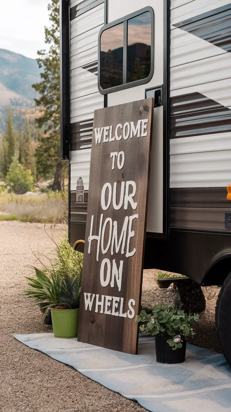 Personalized wooden welcome sign hanging on an RV with potted plants surrounding it.