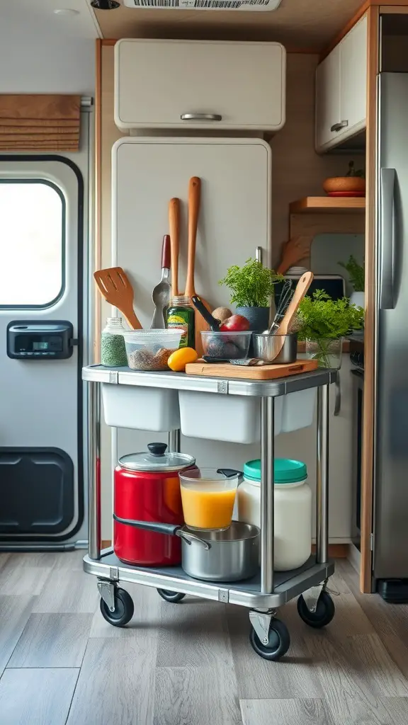 A portable cart in an RV kitchen filled with various cooking items and ingredients.