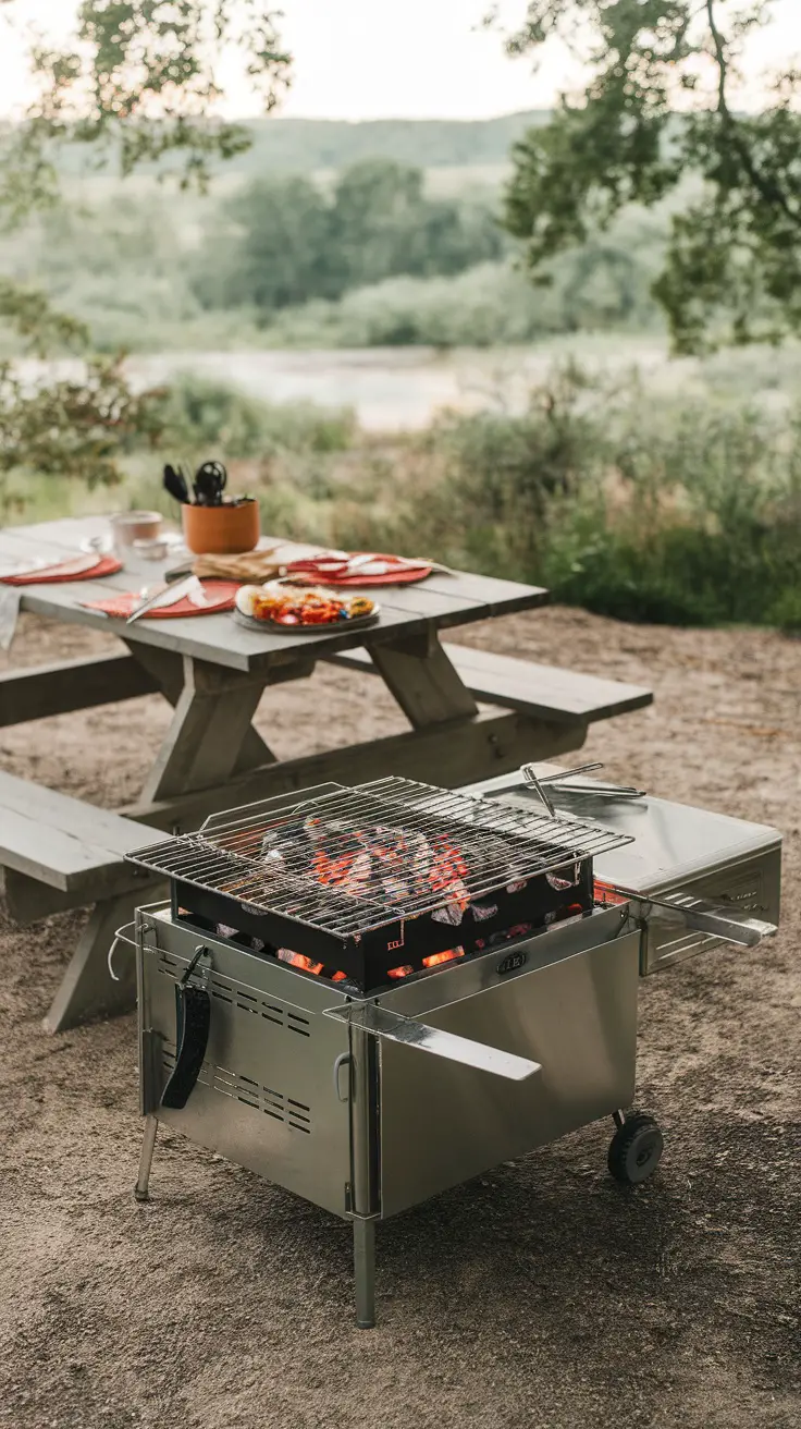 Portable outdoor kitchen with grilled food and fresh ingredients on a wooden table in a natural setting.