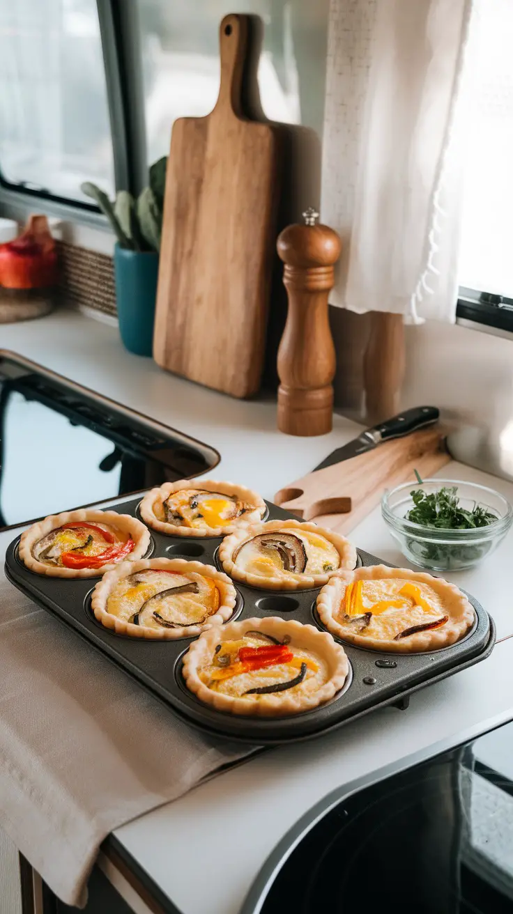 A muffin tin filled with individual quiche cups, showcasing a colorful mix of vegetables and cheese.