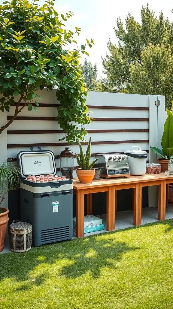 Outdoor beverage station with cooler, grill, and plants