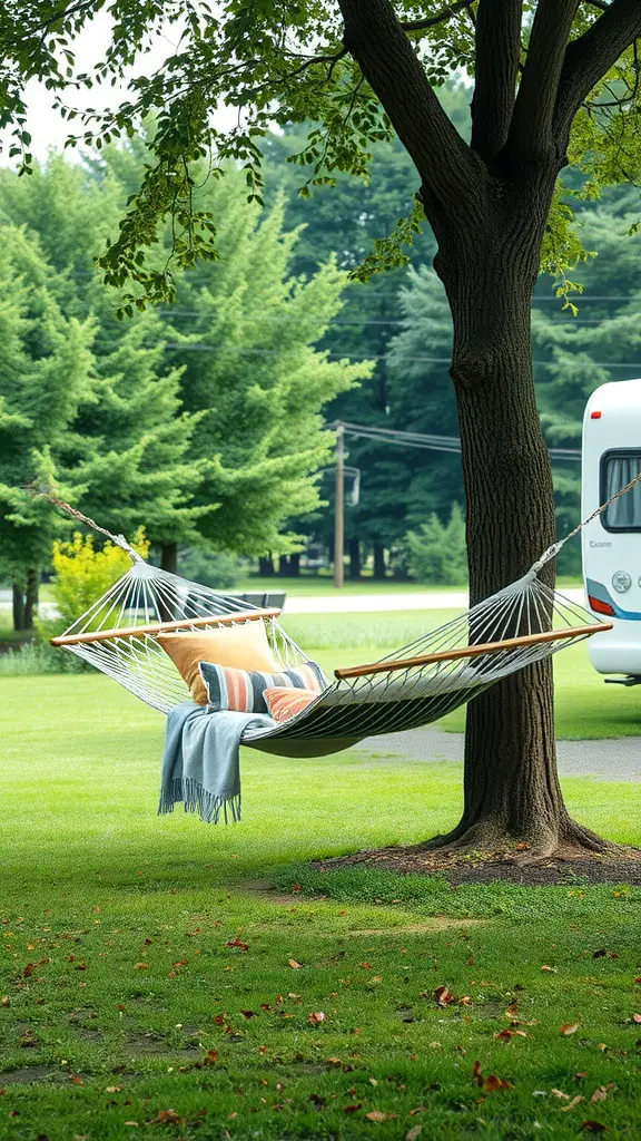 A cozy hammock hanging between two trees, inviting relaxation in an outdoor setting.