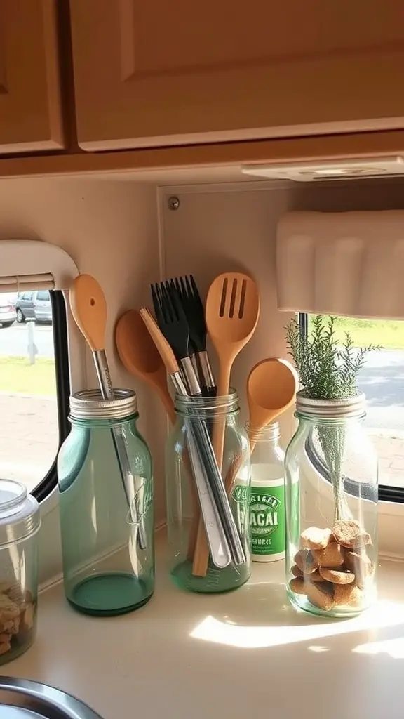 Collection of repurposed jars holding kitchen utensils and spices in an RV